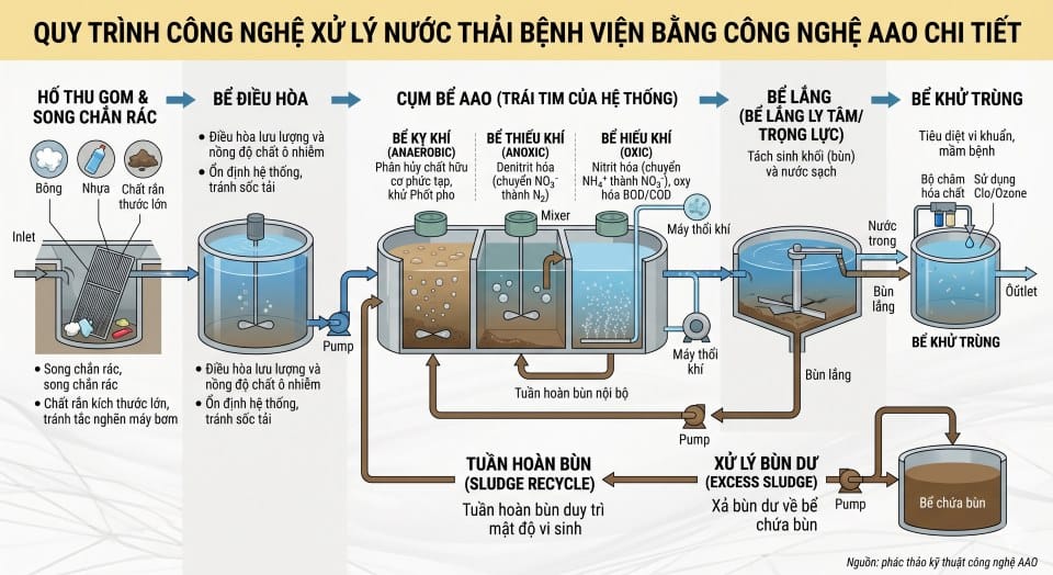 Minh họa quy trình công nghệ xử lý nước thải bệnh viện bằng công nghệ AAO